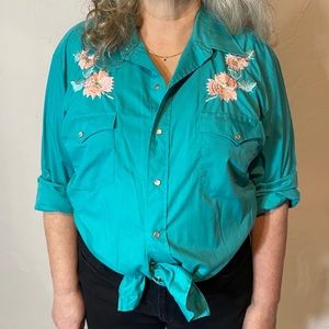 Teal Western Button Down with Embroidered Flowers